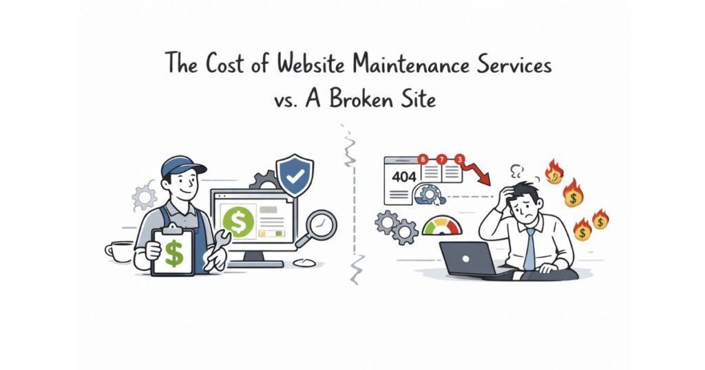 Website maintenance cost comparison illustration showing professional maintenance versus a broken website, causing revenue loss