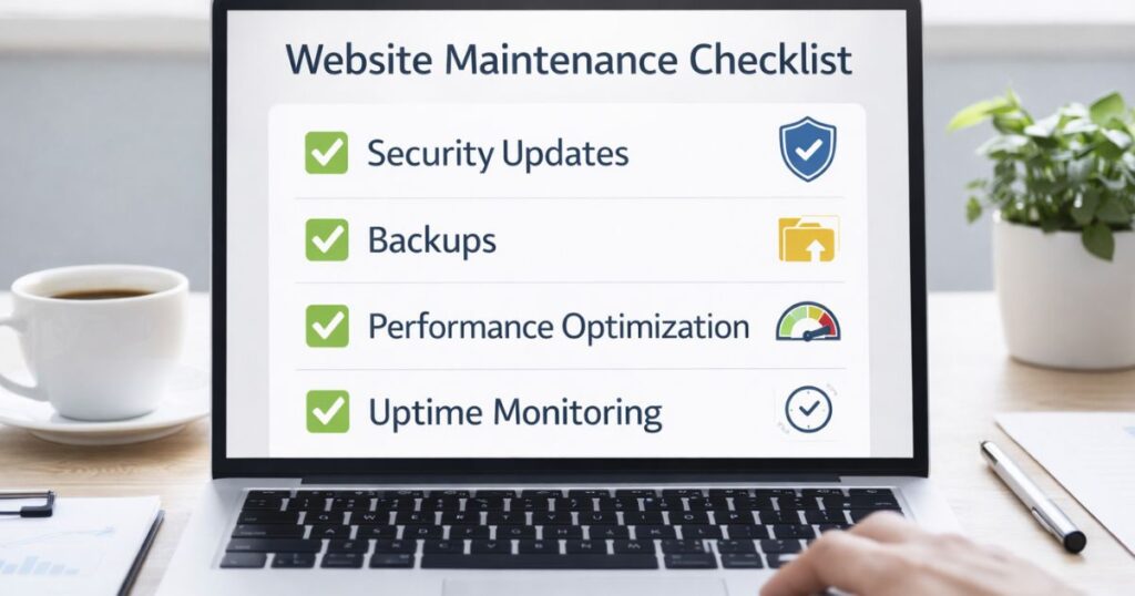 Website maintenance checklist showing security, backups, performance monitoring, and update management on a laptop screen
