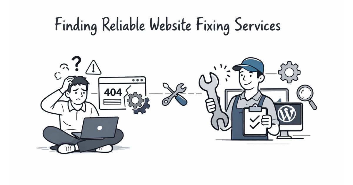 Finding reliable website fixing services illustration showing a stressed website owner and a professional technician repairing website errors