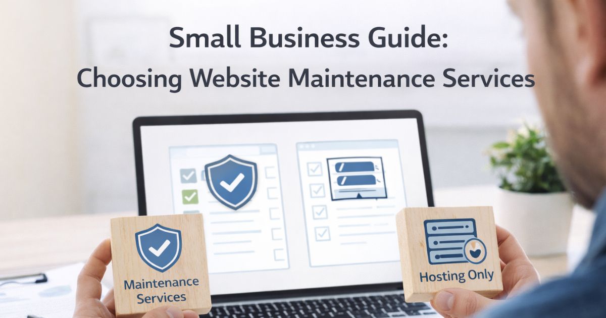 Business owner comparing wooden blocks labeled "Maintenance Services" and "Hosting Only" in front of a laptop displaying checklists highlighting differences between the two options.