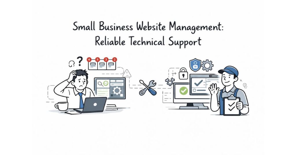 Small business website management illustration showing a stressed business owner and a professional technician providing reliable technical support