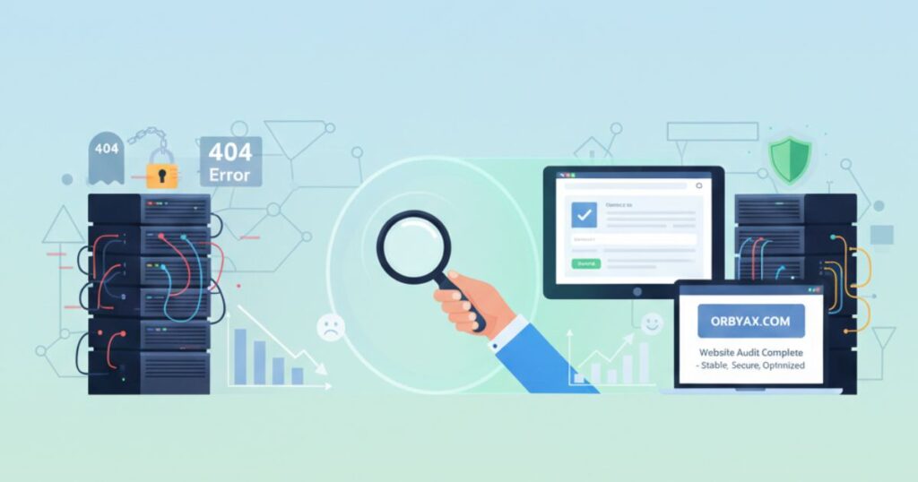 Professional website audit services illustration showing a technical specialist using a magnifying glass to inspect server health, security vulnerabilities, and page performance.