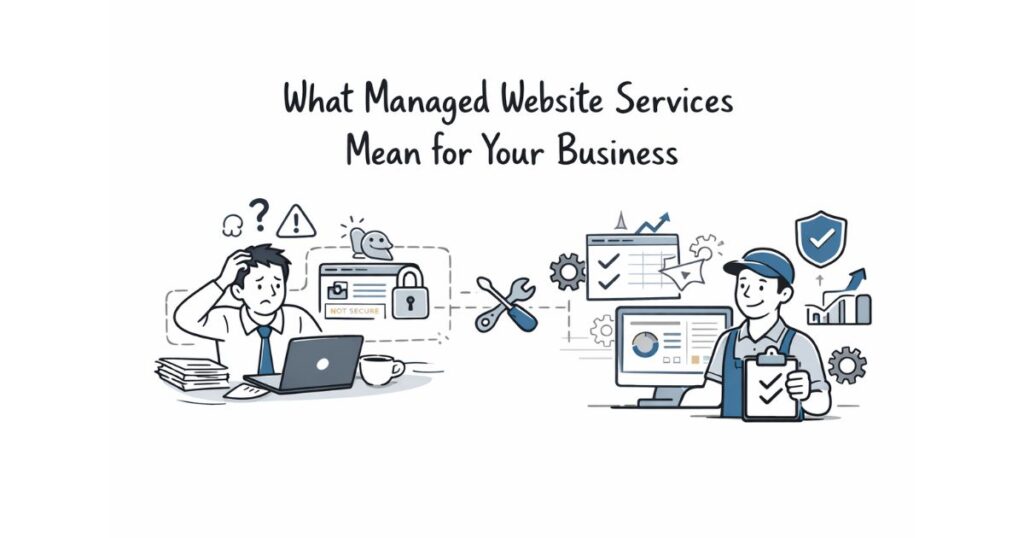 Managed website services illustration showing a stressed business owner and a professional technician monitoring website security and performance