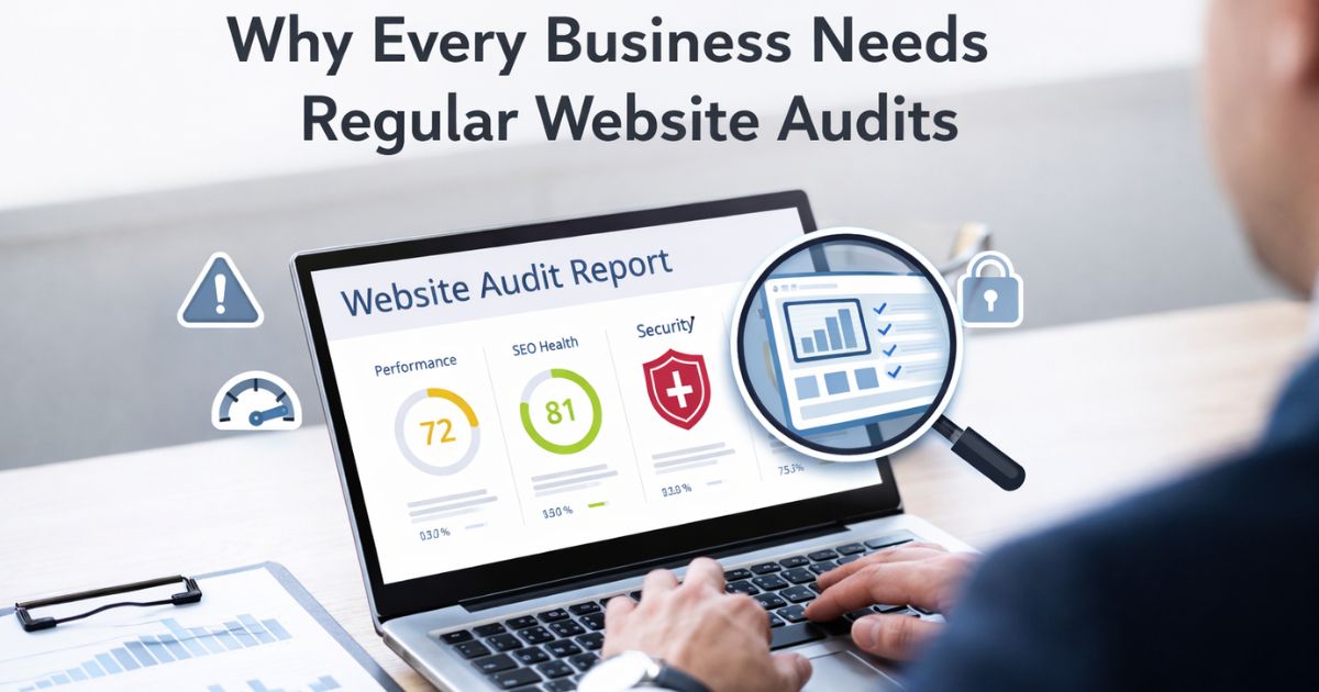 Professional reviewing a website audit report showing performance, SEO, and security metrics on a laptop
