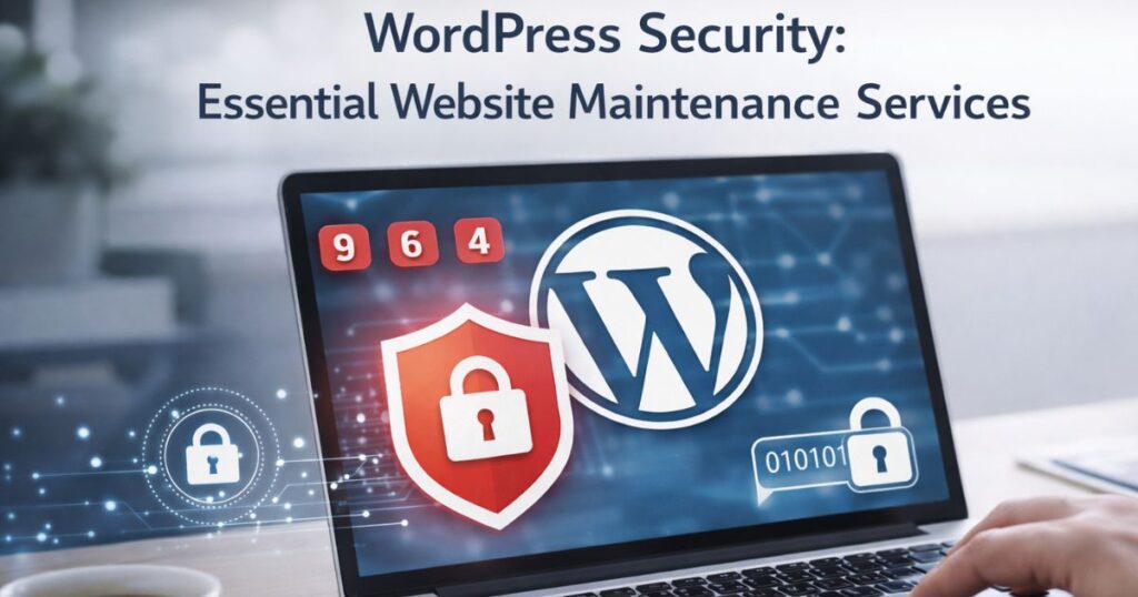 Laptop displaying WordPress security dashboard with red shield and padlock icons, symbolizing essential website maintenance services.