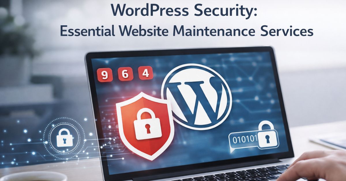 Laptop displaying WordPress security dashboard with red shield and padlock icons, symbolizing essential website maintenance services.