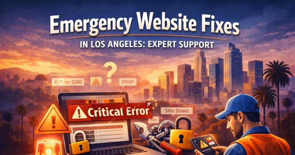 Emergency website fixes in Los Angeles showing a critical error screen, security alerts, and a technician restoring a broken business website.