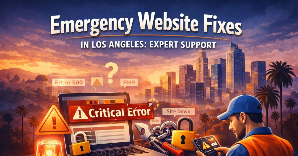 Emergency website fixes in Los Angeles showing a critical error screen, security alerts, and a technician restoring a broken business website.