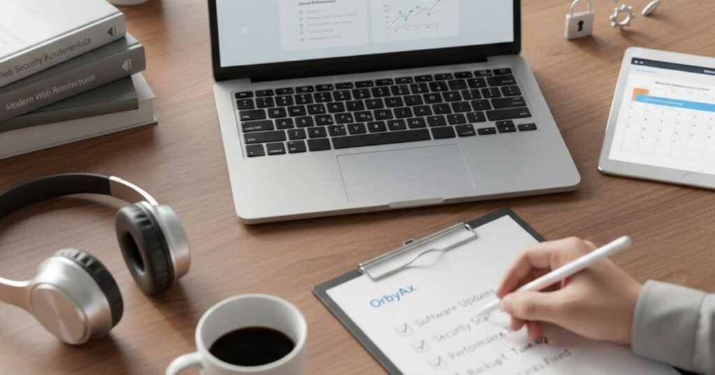 A professional workspace featuring a laptop displaying a website health dashboard and a specialist checking off a maintenance task list.