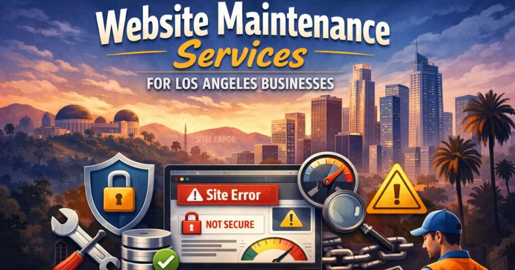 Website maintenance services for Los Angeles businesses showing security protection, speed monitoring, backups, and error prevention on a laptop with LA skyline.