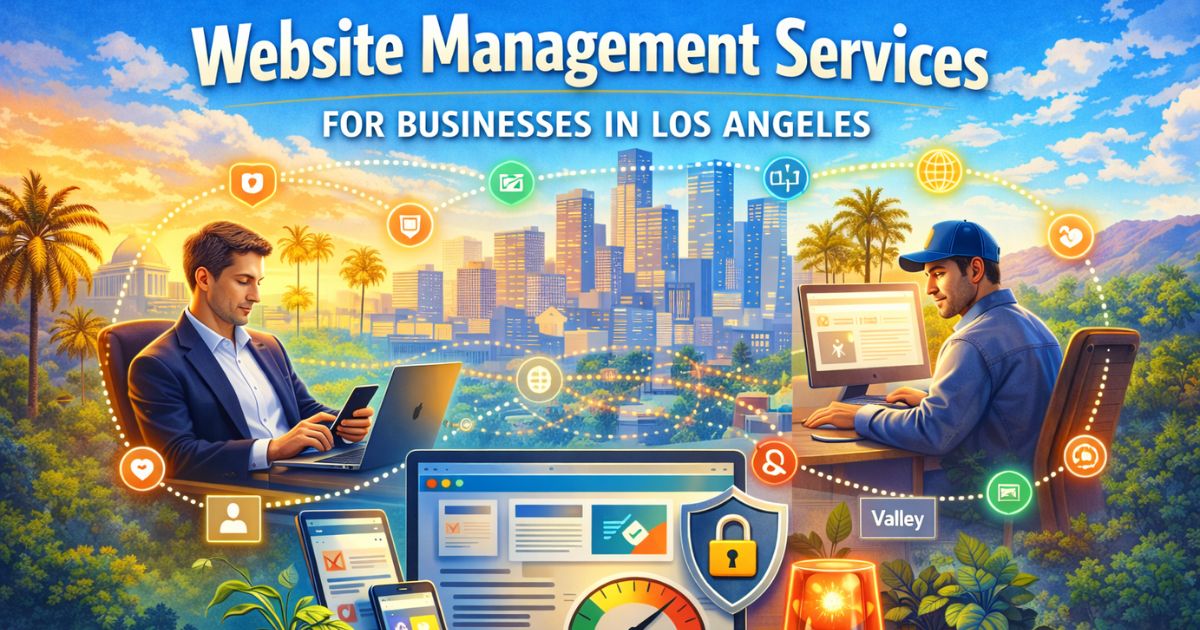 Website management services for Los Angeles businesses showing professional men managing websites with security, performance, and monitoring tools.